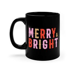 merry & bright ceramic coffee mug, 11 - 15 oz tea cup, holiday christmas present idea, gift for women her him, santa cut
