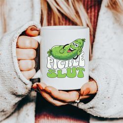 pickle slut white mug, quirkie pickle lover coffee mug, cucumber gherkin addict, funny gifts for her