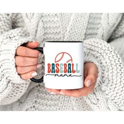 baseball mama ceramic coffee mug, 11 -15 oz tea cup, game day sports lover, accent handle school team coach women mom mo