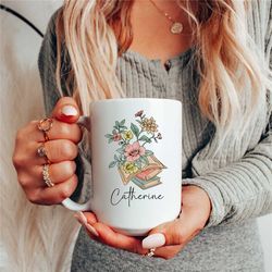 book floral personalized white mug, custom name watercolor book lover tea cup, birthday gift for mom, sister, best frien