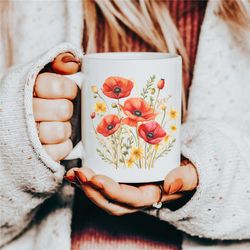 boho poppy flower mug, cute aesthetic floral coffee mug, retro cottagecore botanical tea cup, floral nature mug, flower