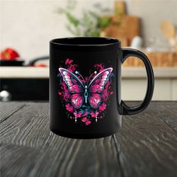 neon pink butterfly 11oz black mug, tropical floral coffee cup, vintage botanical nature tea cup, garden lover gift, bir
