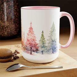 christmas trees watercolor 15oz accent mug, cute aesthetic xmas coffee mug, cozy winter holiday tea cup, christmas gift