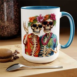 holiday skeletons 15oz accent mug, funny skeleton friendship coffee mug, best friends tea cup, vacation mug, anniversar