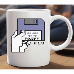 11oz mug commodore amiga workbench hand floppy disk logo / old school retro gaming mug / grandad, dad gift idea.