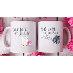 personalised wedding mugs , wedding present , engagement gifts for couples , bride and groom mugs, one lucky mr , person