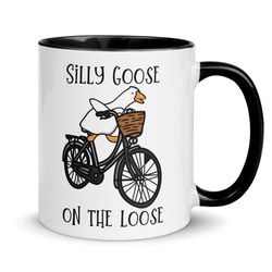 silly goose on the loose mug, silly goose on bicycle tea cup, cute animal on bike coffee mug