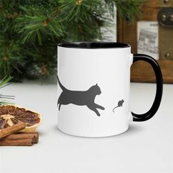 dog, cat and mouse mug, cute animal silhoeutte, dog chasing cat, cute black cat mug, pet lover gift