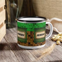 custom video game enamel mug personalized name gift for boys blocks mining boys birthday gift christmas gaming gamer cup