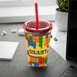 personalized building block cup with straw durable acrylic custom name gift for builders boys birthday christmas gifts b