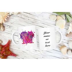personalised initial name mug purple paint splash with any letter a-z with name, tea coffee hot cup gift for her birthda