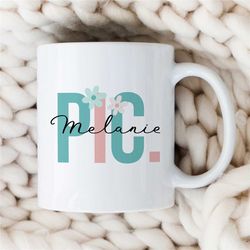 personalized 'pic.' pilot mug, custom gift for flying instructor, blue floral, aviation graduation, for husband, dad pas