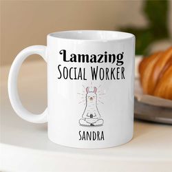 personalized 'lamazing social worker' mug, llama, custom gift for case managers, family therapy, bcba birthday, cbt work