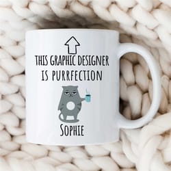 personalized 'purrfection' graphic designer mug, cute cat, custom artist birthday, coworker, office mug, creative profes