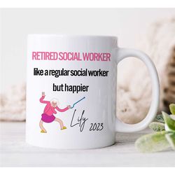 custom retired social worker mug, personalized retirement gift for case managers, family therapy, bcba birthday, cbt wor
