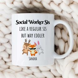 custom 'social worker sis' mug, personalized gift for case managers, family therapy, bcba birthday, cbt, bunny, reindeer
