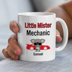 custom 'little mister mechanic' mug, personalized gift for gearhead, car lover dad, for him, motorbike & automotive mech