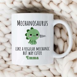personalized 'mechanosaurus' mug for mechanics, custom dinosaur gift for gearhead, car lover dad, for him, motorbike & a