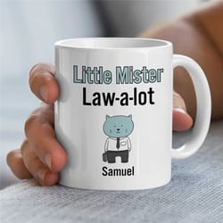 custom 'little mister law-a-lot' mug, cute cat, personalized gift for attorneys, appreciation, coworker birthday, mom/da