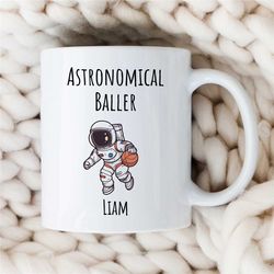personalized 'astronomical baller' basketball mug, custom sports gift, unqiue fan gift, boy/girl, men/women birthday, as