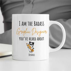 personalized cat graphic designer mug, cute cat motif, custom artist birthday, coworker, office mug, creative profession