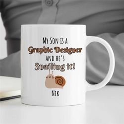 personalized graphic designer mug, 'snailing it', custom artist birthday, snail motif, coworker, office, creative profes