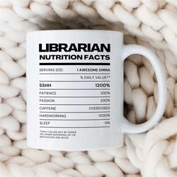 personalized librarian nutrition facts mug, custom gift for library staff, for bookworms, reader, coworker, birthday, ap
