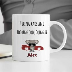 custom mechanic mug, cool koala motif, personalized gift for gearhead, car lover dad, for him, motorbike & automotive me
