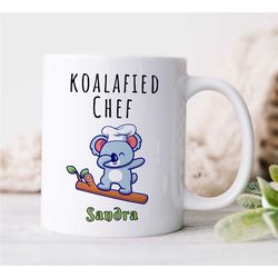 personalized 'koalafied chef' mug, custom gift for cook, gastronomy appreciation, koala wordplay, culinary school gradua