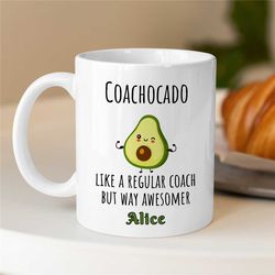 personalized 'coachocado' mug, custom name gift for motivational expert, avocado, thank you, graduation, profession, off