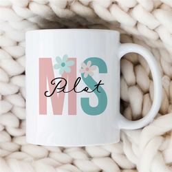 personalized initials, pilot mug, custom gift for flying instructor, blue floral letters, aviation graduation, dad passi