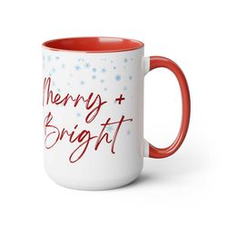 Snowflakes Mug, Merry and Bright Mug, Coffee Mugs, 15oz, Christmas mug, christmas gift, white elephant gift