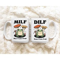 couples frog coffee mug, man i love frogs milf dilf cup, frog lover girlfriend boyfriend gift idea, cottagecore mushroom