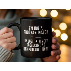 funny procrastinator mug, unique novelty coffee cup, gift for coworker, sarcastic office humor, white ceramic mug with q