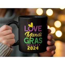mardi gras 2024 celebration mug, love mardi gras heart design, new orleans carnival souvenir, unique festive coffee cup