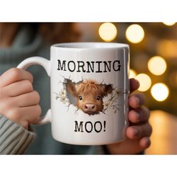 cute highland cow mug, floral cow morning moo coffee cup, farm animal lover gift, cow lovers gift, scottish cow, highlan