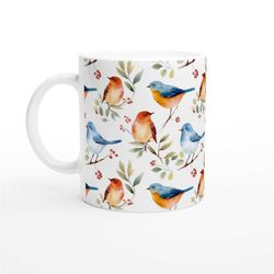 small bird watercolor pattern mug - ceramic mug - gift mug - custom pattern mug