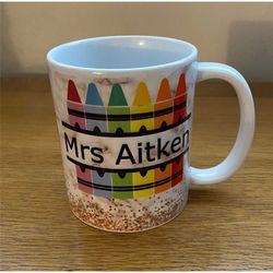 personalised teacher mug, custom teacher coffee cup with any name, crayon mug, teacher gift, school leaving gift for tea