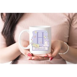 unicorn personalised initial mug, with any letter a-z with name, tea coffee hot chocolate cup gift for birthday. girls m
