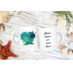 personalised initial mug green paint splash with any letter a-z with name, tea coffee hot chocolate cup gift for birthda