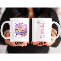 bear eating donuts mug, cute pink mug kawaii cup for women birthday, kawaii gift, japanese mug, cute kawaii mug, donut l