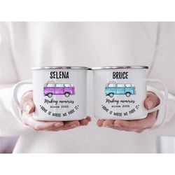 camper van enamel mug, adventuring camping mug personalized camping gifts, campfire mug, camping mug, custom couple camp
