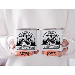happy campers enamel mug, adventuring camping mug personalized camping gifts, campfire mug, camper mug, custom couple ca