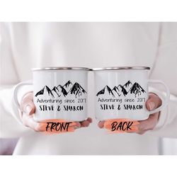 adventuring together enamel mug, adventuring camping mug personalized camping gifts, campfire mug, custom couple camping
