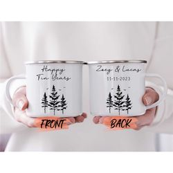 happy tin year anniversary gift mug, custom 10 year husband wife gift mug for mom and dad anniversary gift, tin annivers