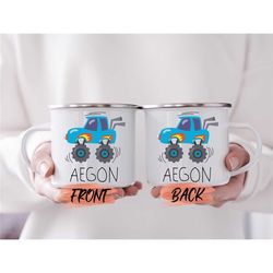 personalized kids hot cocoa mug birthday gift, monster truck mug for childrens birthday gift, kids hot cocoa mug, custom