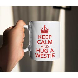westie mug gift - keep calm and hug a - nice fun cute retro style novelty dog owner cup present