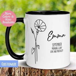 september birth flower mug personalized, morning glory floral mug, custom name mug, gift for women, birthday coffee mug