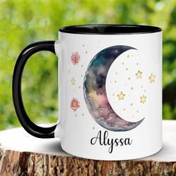 moon mug, celestial moon, moon and stars coffee mug, witchy mug, astrology mug, personalized custom name mug, moon cup,