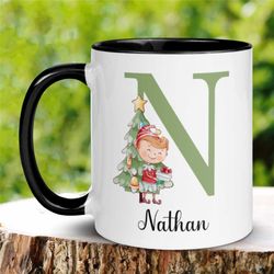 personalized boy elf name mug, initial letter mug, christmas gifts, christmas coffee mug, elf mug, custom monogram mug,